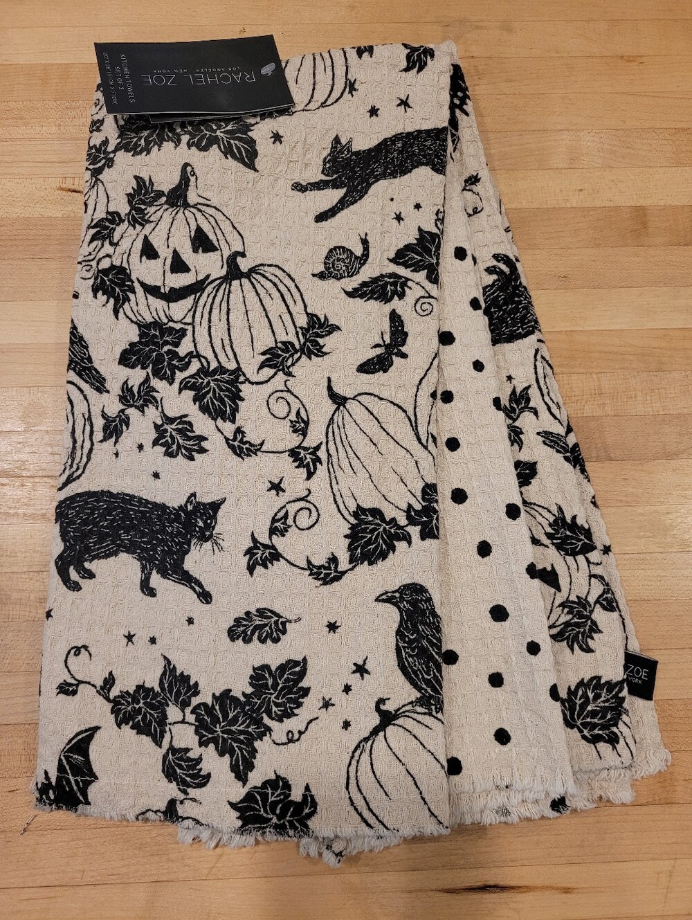 Rachel Zoe Cream and Black Halloween Pumpkin & Cat Kitchen Towel Set
